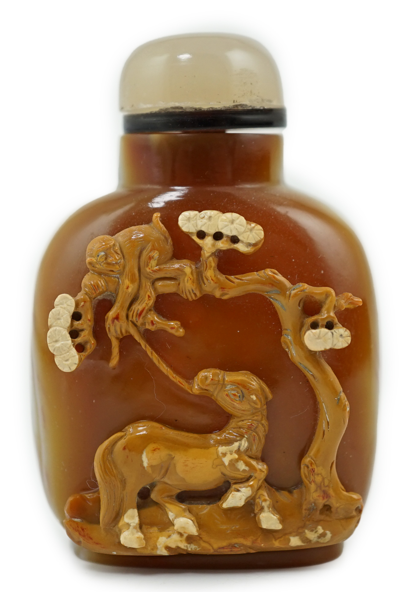 A good Chinese cameo chalcedony 'horse and monkey' snuff bottle, 19th century